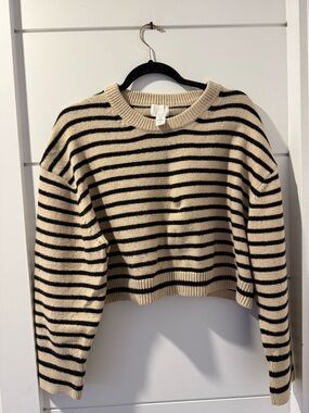 H&M Black & Cream Striped Crewneck Sweater